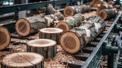 Logs of cut timber tree trunks stacked on industrial wood processing line in lumber factory.
