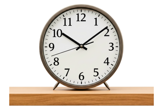 Classic analog table clock with a metal frame on a wooden shelf isolated on a transparent background