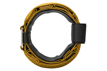 Obraz premium Heavy-duty yellow vehicle recovery tow strap coiled in a circle isolated on a transparent background