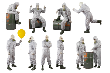 Isolated man in a gas mask and protective suit. Barrel of toxic waste. Set of various poses