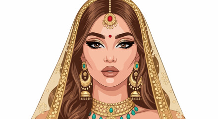 Beautiful young Indian woman in traditional bridal jewelry and makeup on a white background