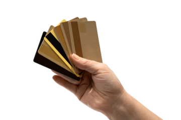 Hand holding many different plastic credit cards. The concept of bank accounts, transaction