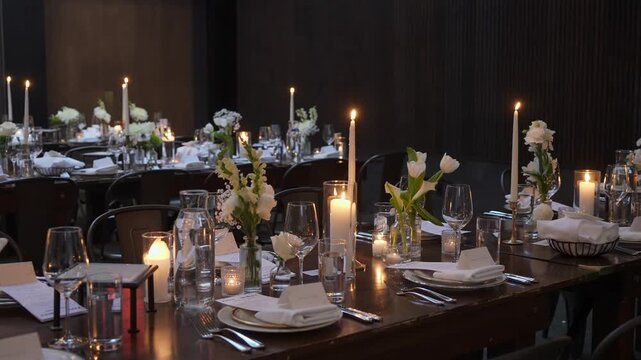 A beautifully arranged dining table featuring floral centerpieces and candlelight for a cozy atmosphere.