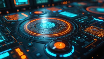 Futuristic spaceship console with glowing digital interface. Complex circuit board patterns, bright lights indicate advanced technology, control systems. Screen displays intricate data, communication