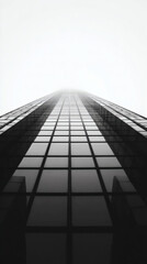 Modern skyscraper facade with repeating glass panels receding into a bright sky