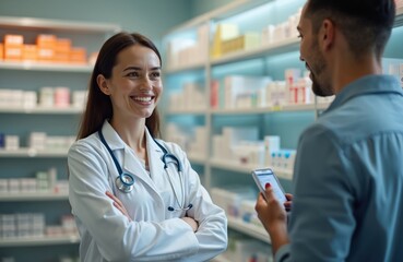 Friendly pharmacist advises customer in modern pharmacy. Health care professional interacts with client. Woman in white coat smiles. Man holds phone. Trust, advice, medication, prescription.