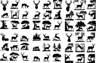 Deer with Antlers in Forest Silhouette – Wildlife Icon Set Majestic Deer in Woods Silhouette – Nature Animal Icon
