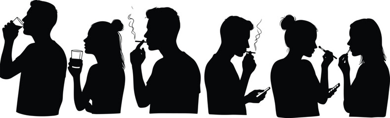 
Silhouettes of people drinking, smoking, and using makeup, addiction and lifestyle habits concept, vector illustration of modern human behaviors.