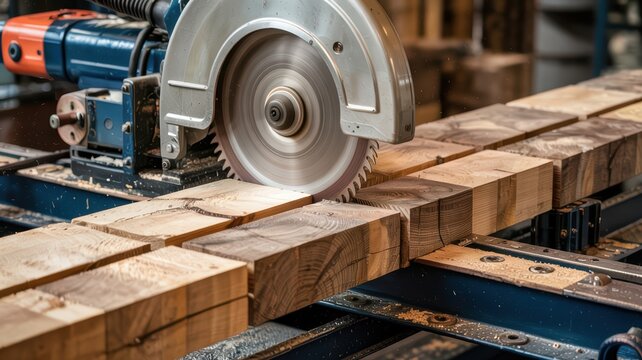 Circular saw cutting wooden beams with precision in carpentry woodworking process at lumber factory.