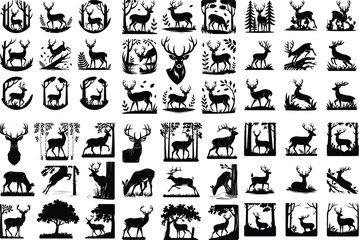 Deer with Antlers in Forest Silhouette – Wildlife Icon Set Majestic Deer in Woods Silhouette – Nature Animal Icon