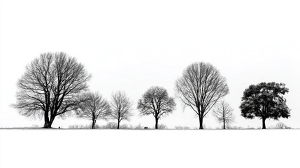 A grayscale view of a row of trees with varying sizes and shapes set against a bright white background
