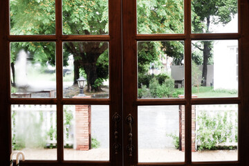 Wooden door of cozy home,door for home decor,Interior design of dining room or living room.