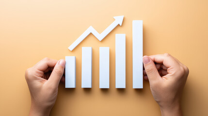 Bar graph with upward arrow held by hands on orange background symbolizing growth and success in technical SEO analysis