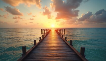 Fototapeta premium Long wooden pier extends over calm ocean waters towards vibrant sunset. Tropical beach landscape features serene clouds and warm sunlight reflecting on sea, creating peaceful, harmonious atmosphere.