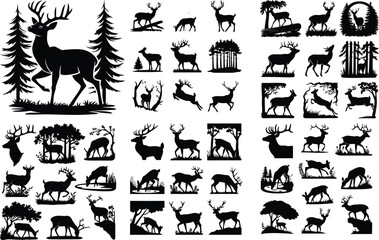Deer with Antlers in Forest Silhouette &ndash; Wildlife Icon Set Majestic Deer in Woods Silhouette &ndash; Nature Animal Icon