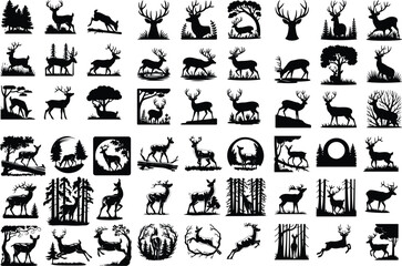 Deer with Antlers in Forest Silhouette – Wildlife Icon Set Majestic Deer in Woods Silhouette – Nature Animal Icon