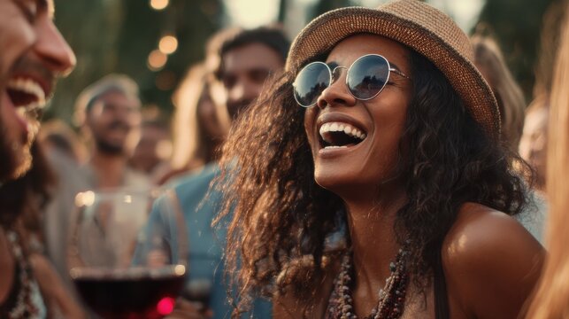 multiracial friends dancing at summer party inside vineyards  happy people having fun together drinking red wine  at coutryside resort  travel celebration and tasting event concept  focus on faces no