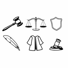 Illustration of justice symbols arranged in a row isolated on white background