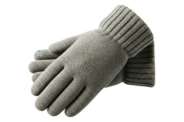 Pair of gray knitted wool gloves with long ribbed cuffs isolated on a transparent background
