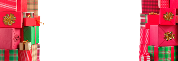 Christmas, New Year gift boxes for holidays promotions. Red, green, checkered and polka dot wrappers, lush bows on isolated background.