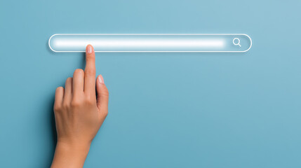 Hand interacts with glowing search bar on blue background, illustrating technical concept for SEO