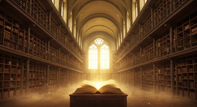 Grand library with vaulted ceiling rows of bookshelves and an open book glowing with light in the foreground - Powered by Adobe