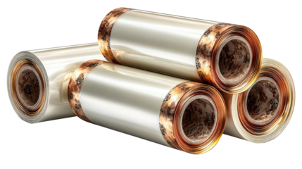 Shiny Rolls of Industrial Material: A close-up studio shot showcasing rolls of shiny, industrial material, offering a glimpse into modern manufacturing processes.