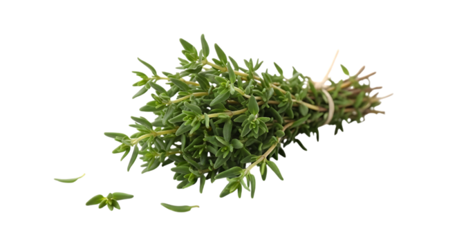 Closeup shot of fresh thyme bundle isolated on transparent background, showcasing its vibrant green leaves and delicate stems, perfect for culinary and herbal applications