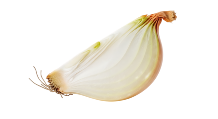 A sliced white onion section isolated on transparent background, revealing its layered structure and fresh appearance, ideal for culinary use and showcasing its natural flavor