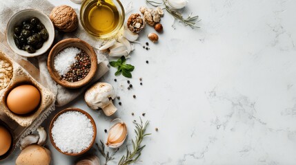 layout copy space with food ingredients on white background top view flat lay with copy space for text no logos no brands ar 169