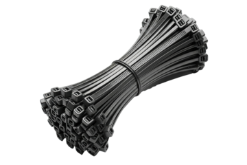 Large bundle of black plastic cable ties for wiring and organizing isolated on a transparent background