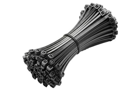 Large bundle of black plastic cable ties for wiring and organizing isolated on a transparent background