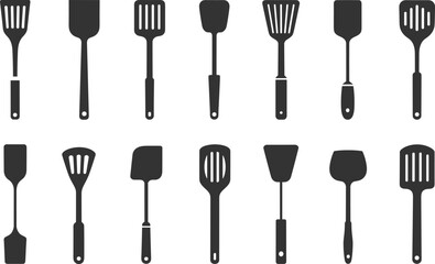 
Vector set of spatula silhouettes for cooking and kitchen use, including slotted and solid designs, utensils in various styles