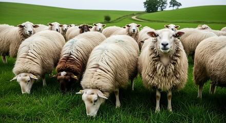 Livestock farming with a herd of sheep in a green grassy field