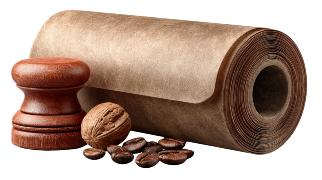 Freshly Roasted coffee beans, walnut, roll paper, wooden container: Captivating studio shot of freshly roasted coffee beans, alongside a rustic walnut.