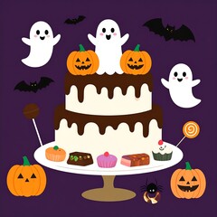 Festive Halloween Cake with Ghosts, Bats, and Pumpkins against a Purple Backdrop