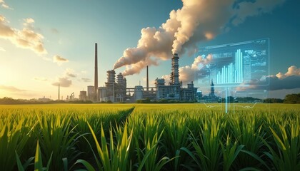 Sugar refinery processing cane fields, emitting steam, smoke under blue sky with clouds. Digital interface displays financial data, graphs. Eco-friendly manufacturing practices in industrial