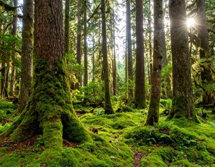 Obraz premium Lush forest floor bathed in sunlight