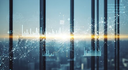 Abstract data visualization overlayed on a blurred office window with city view behind it