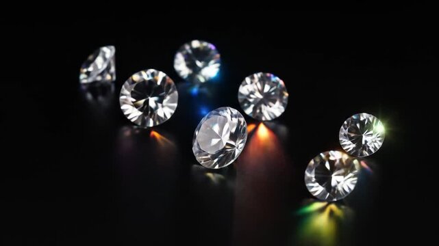 Seven Sparkling Diamonds on a Black Reflective Surface with Brilliant Lighting and Faceted Cuts Creates a Luxurious and Elegant Composition