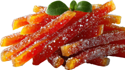 Crystallized Orange Peels: Close-up of vibrant, candied orange peel strips, dusted with sugar, embodying the sweet essence of a confectionary delicacy.