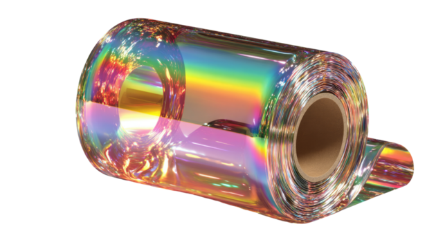 Rainbow Reflection Roll: Captivating studio shot of a holographic roll, exhibiting a mesmerizing spectrum of colors and intricate refractions, evoking themes of technology, design and visual delight.
