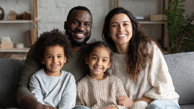 portrait of happy multiethnic family sitting at home smiling couple with kids sitting on couch and looking at camera black father and latin woman with daughter sitting on couch and having fun no logo - Powered by Adobe