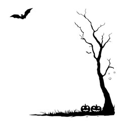 spooky halloween night scene with bats, bare tree, and grinning pumpkins in silhouette