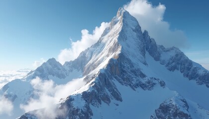 Obraz premium Majestic snow-capped mountain peaks pierce clear blue sky, partially obscured by wispy clouds. Jagged rock formations emerge from vast snowfields in stunning panorama. Ideal for travel, nature,