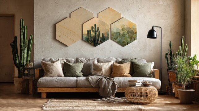 paintings of cactus and hexagons hanging over a cozy sofa with many pillows standing next to a black lamp in living room interior no logos no brands ar 169
