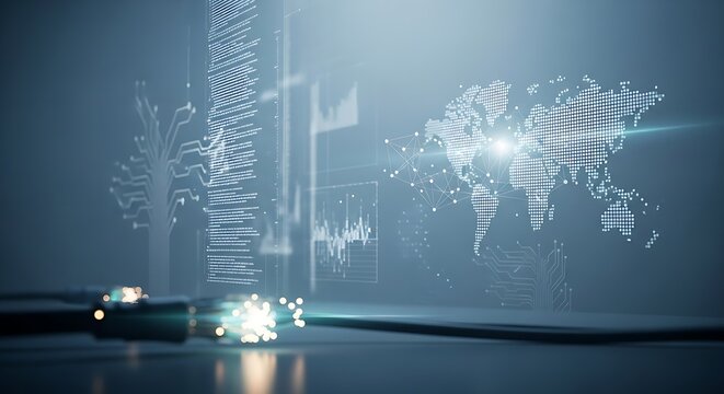 Optical cables and digital world map with data streams in a futuristic technology concept