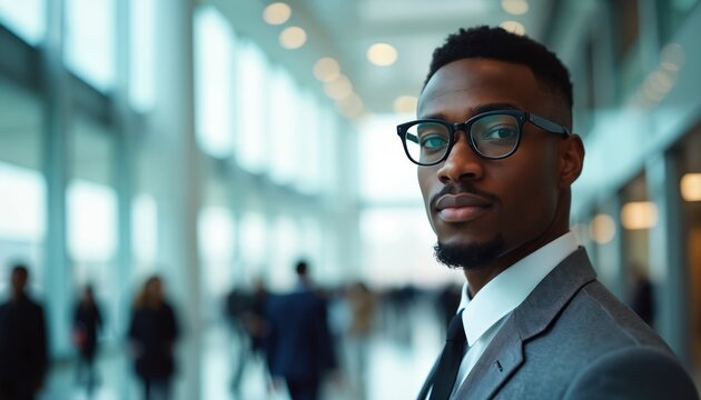 Young African American businessman wearing glasses, grey suit in modern office. He has confident look, pro demeanor, standing in busy corporate environment with blurred people in background.
