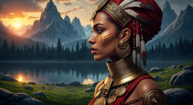 Beautiful pensive woman in fantasy tribal attire gazing at a majestic mountain lake sunset