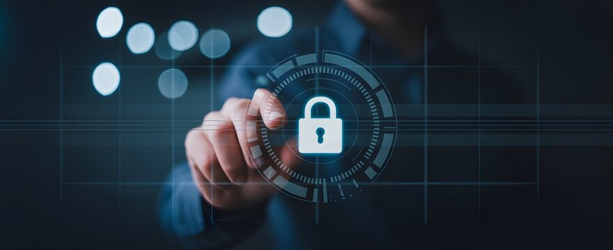 Digital Lock Security: A person's finger interacts with a glowing lock icon, symbolizing digital security and data protection within a technological environment.